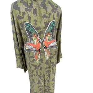 K&L Womens Camo Kimono Duster Jacket Parrot Embroidery Tassel Boho Grunge‎ Tie
